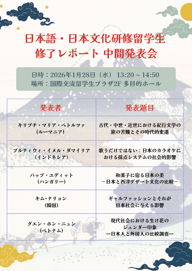 日本語・日本文化研修留学生(日研生)修了レポート中間発表会のご案内